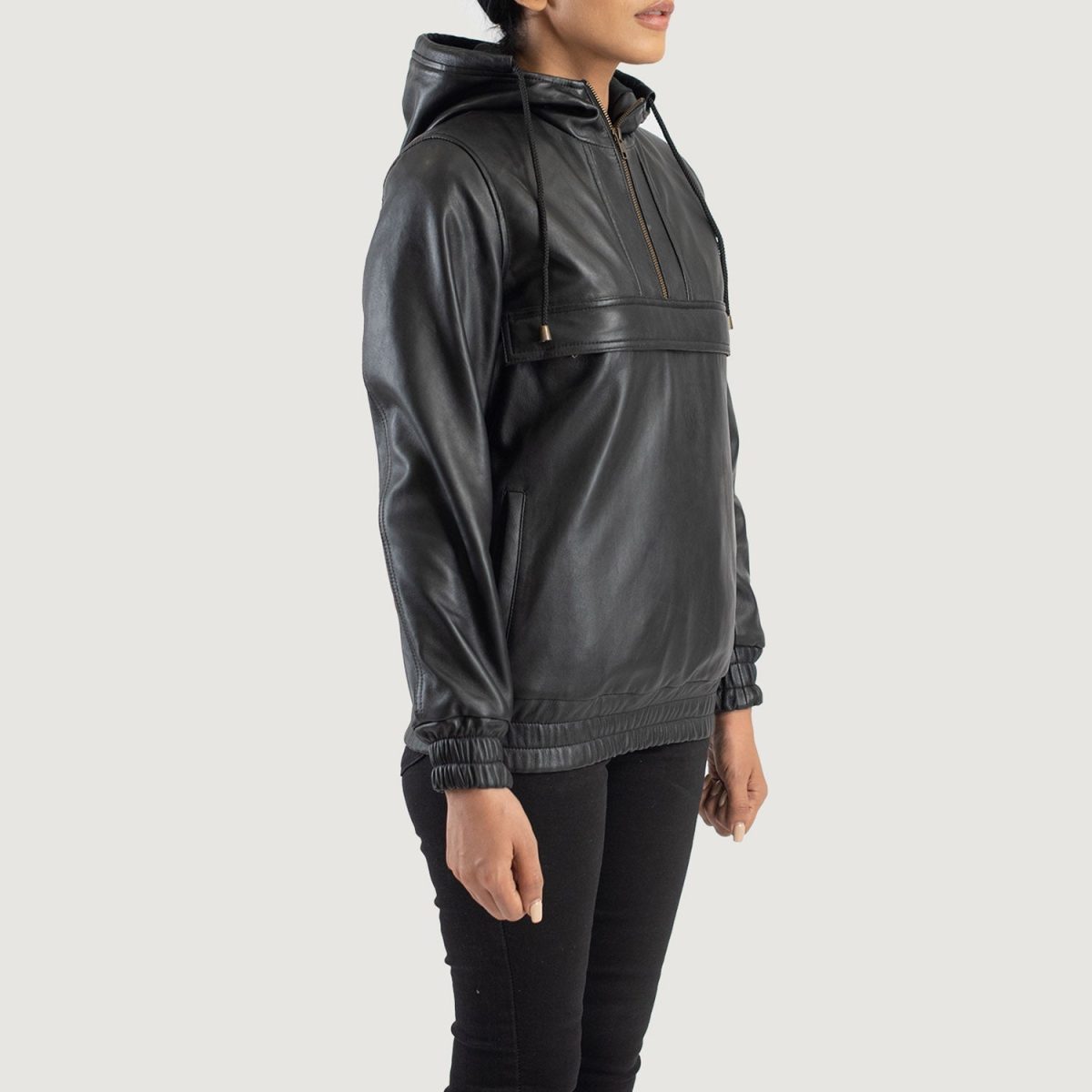 Women's Zest Black Hooded Leather Pullover Jacket