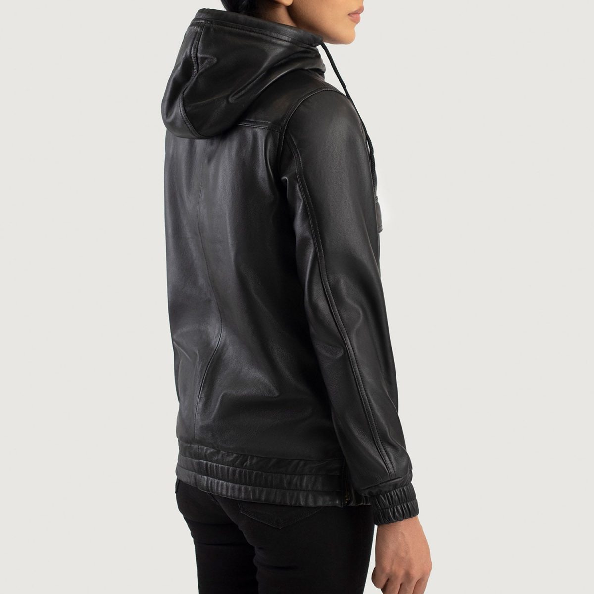 Women's Zest Black Hooded Leather Pullover Jacket