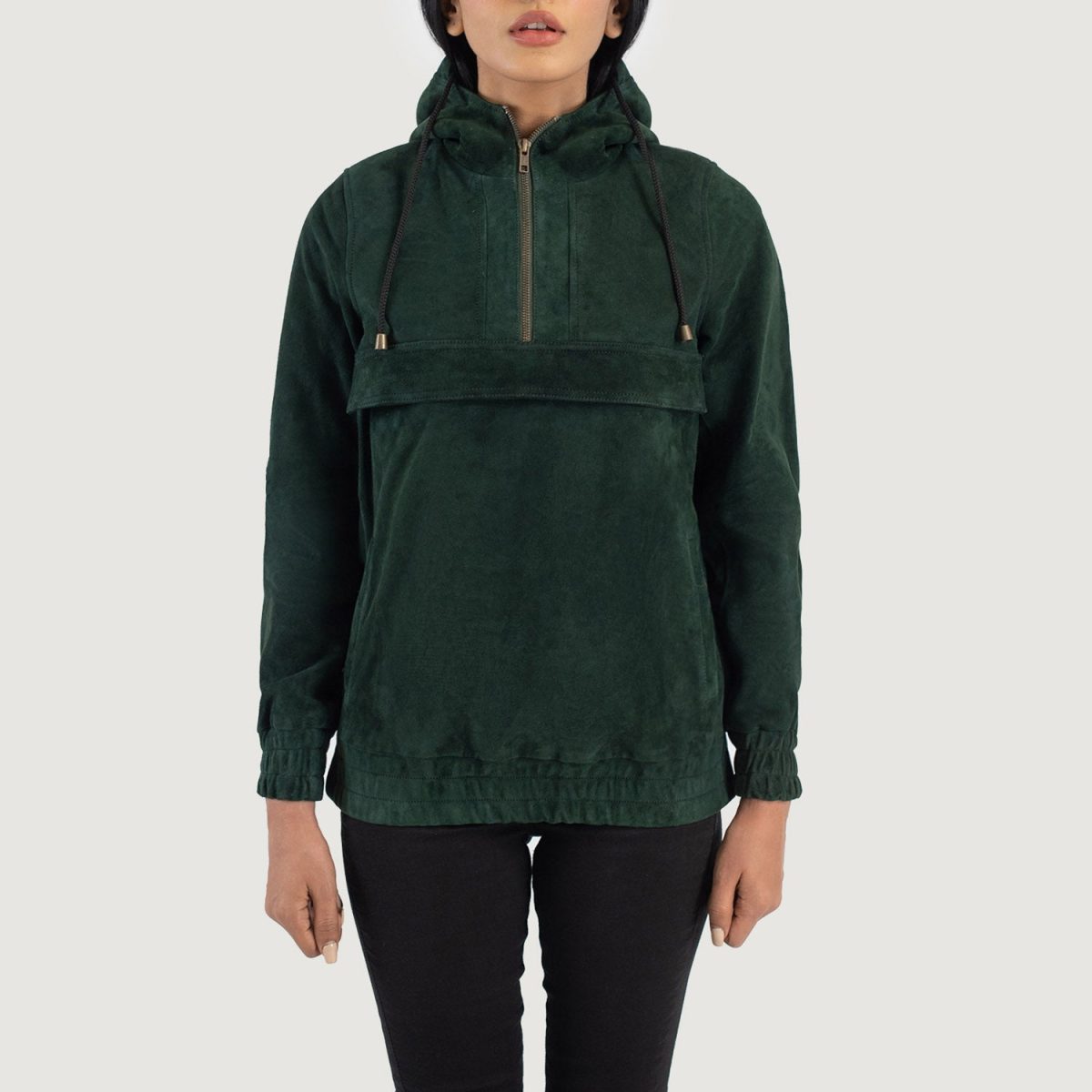 Women's Zest Green Hooded Leather Pullover Jacket