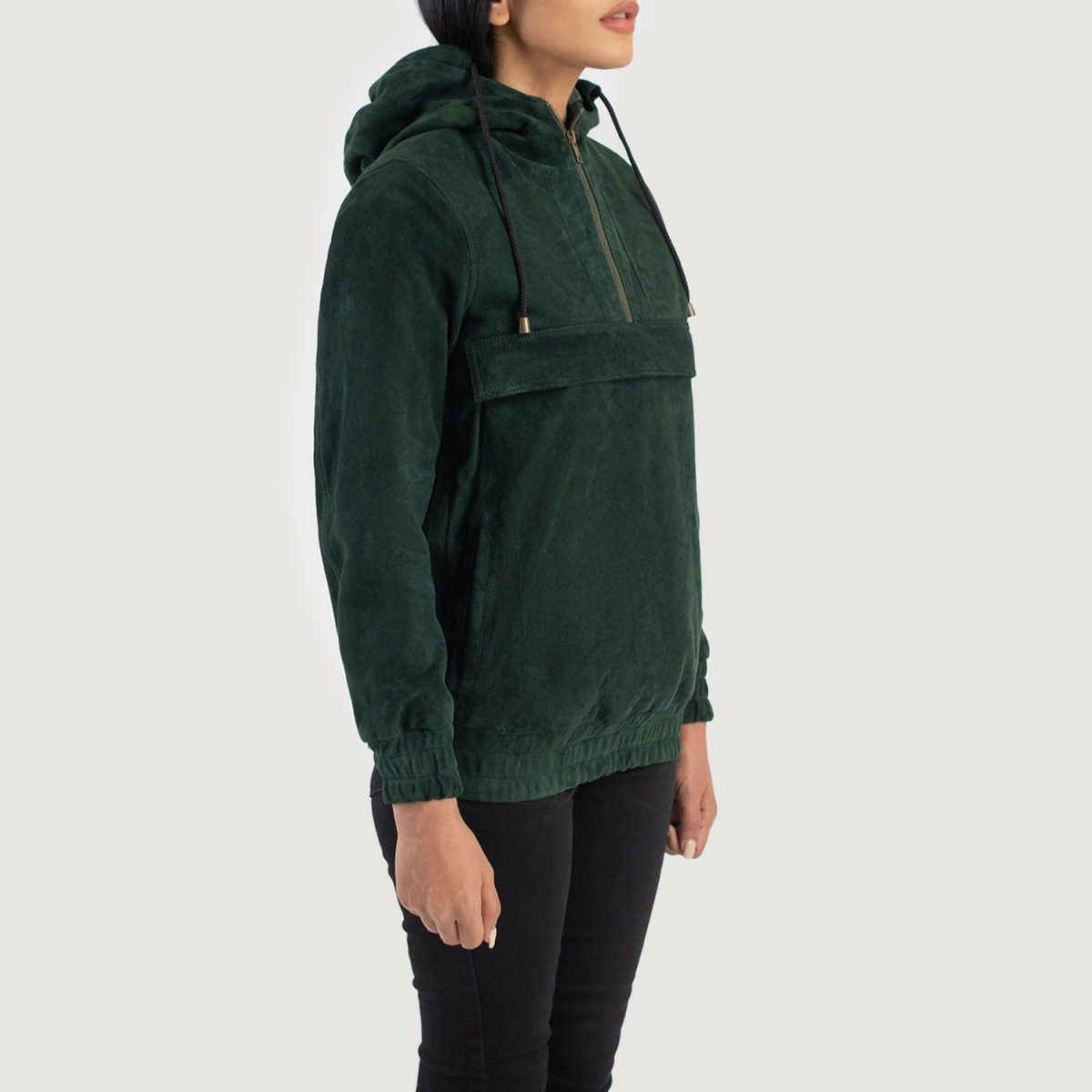 Women's Zest Green Hooded Leather Pullover Jacket