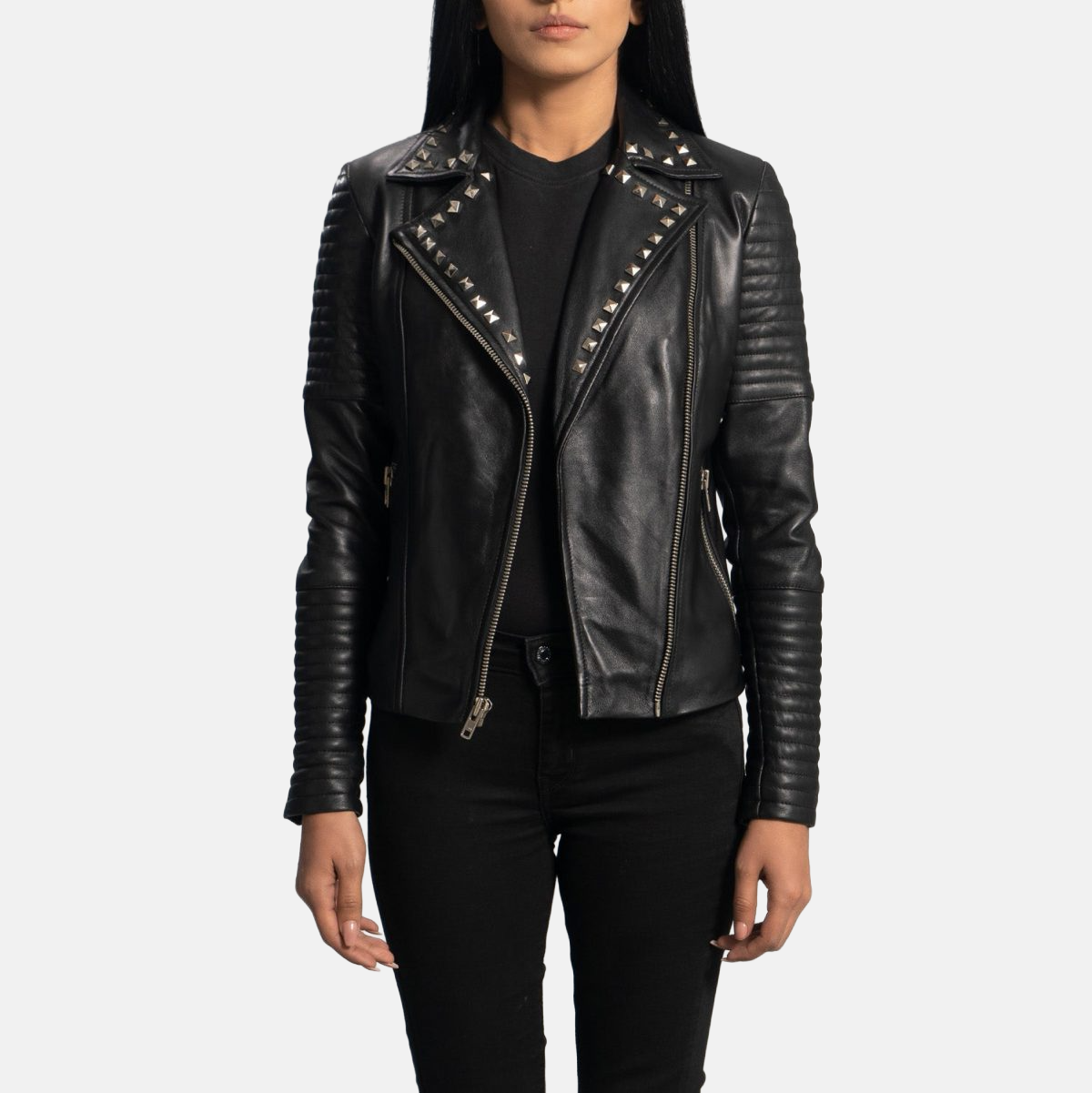 Women's Sally Mae Studded Black Leather Biker Jacket