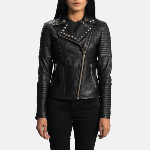 Women's Sally Mae Studded Black Leather Biker Jacket