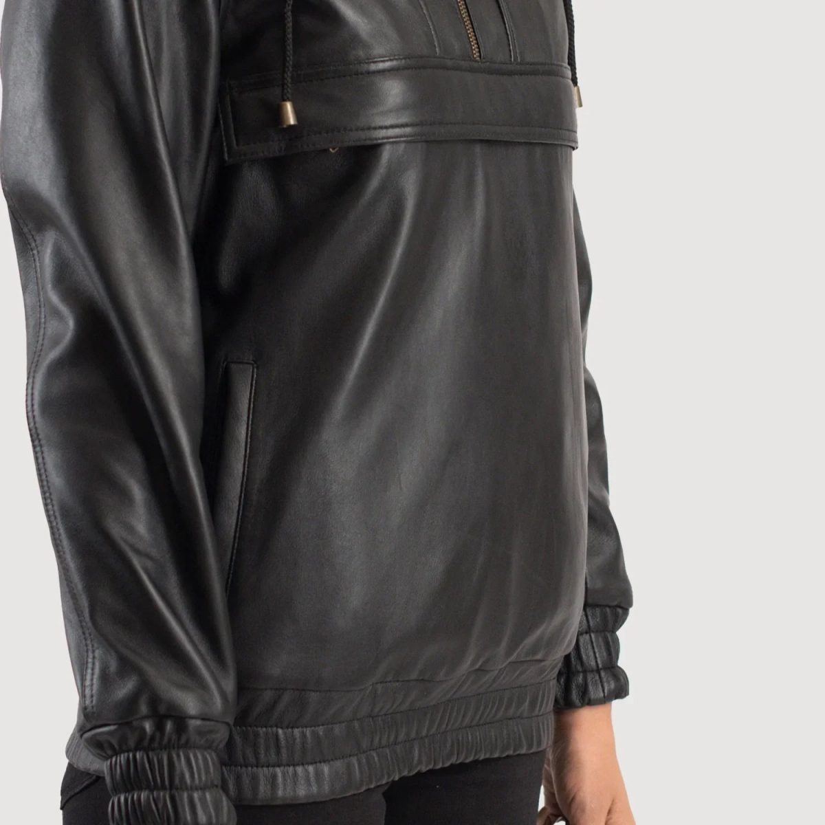Women's Zest Black Hooded Leather Pullover Jacket
