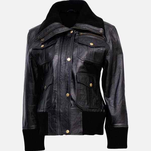Women's Classic Black Bomber Leather Jacket