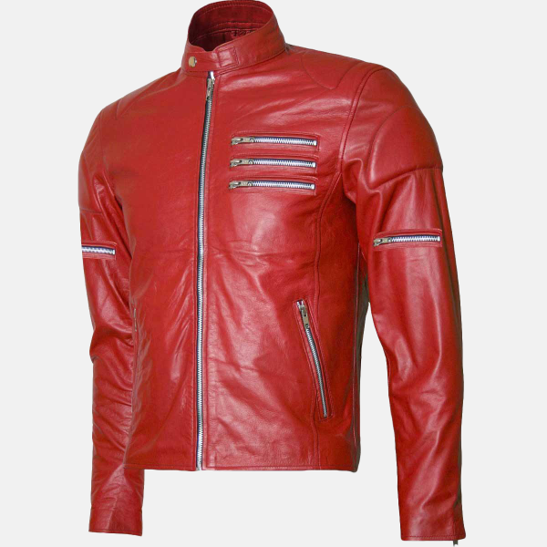 Men's Classic Zipper Style Red Leather Jacket