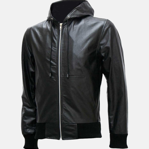 Men's Black Leather Jacket With Hoodie