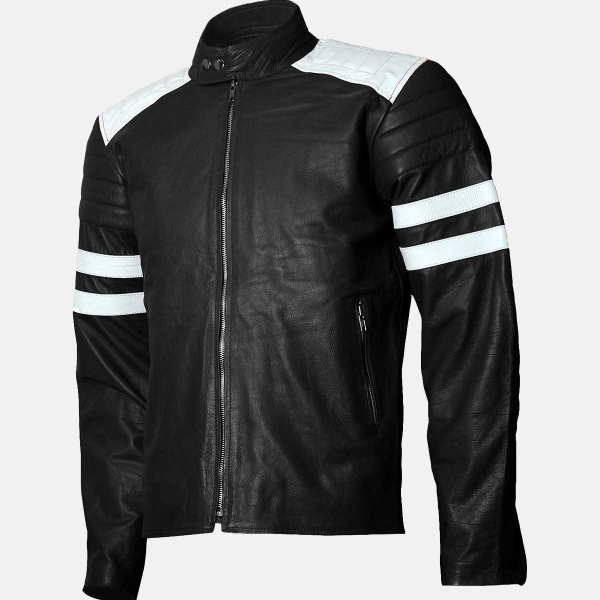 Men's Black and White Leather Motorcycle Jacket
