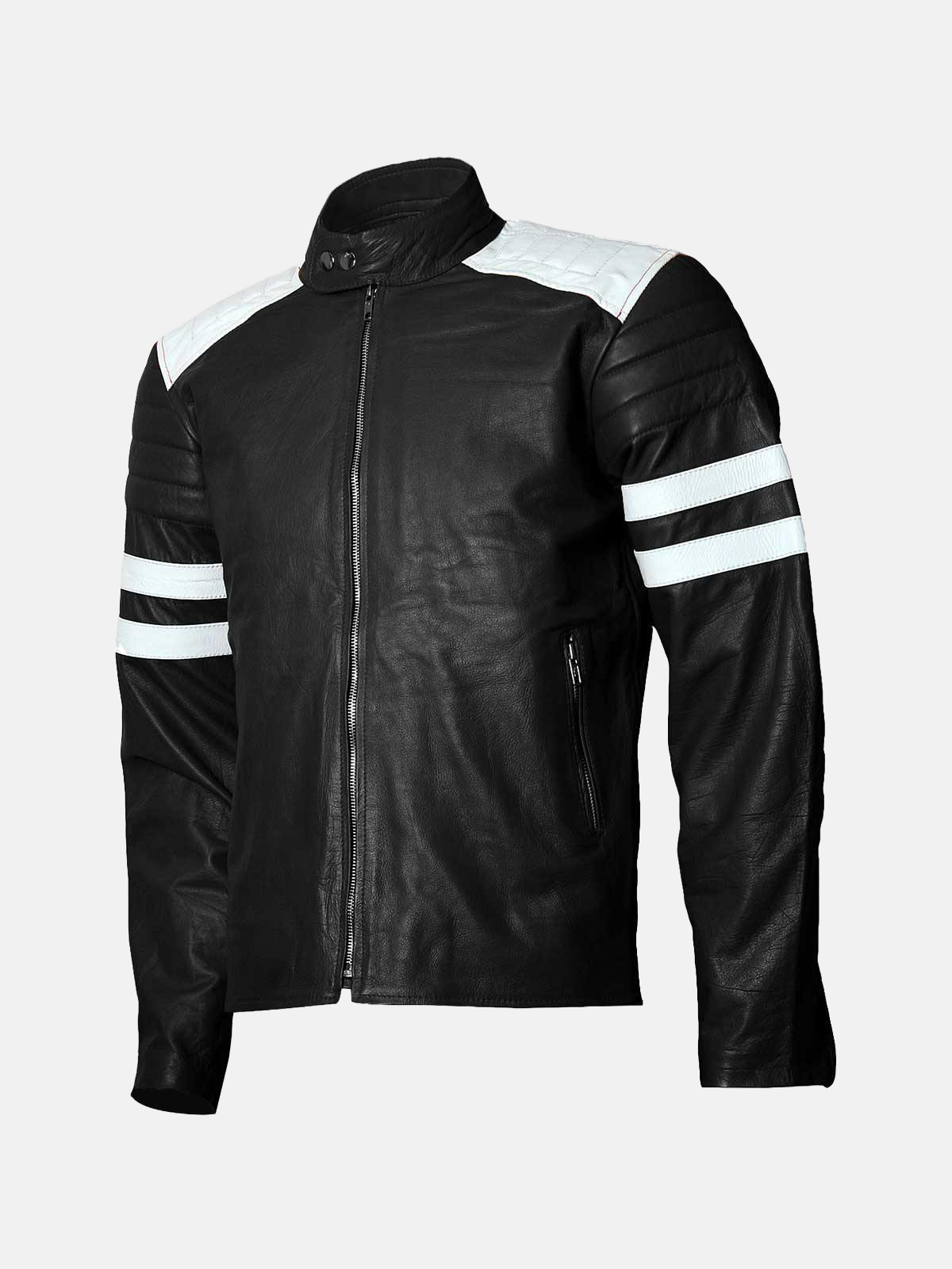Men's Black and White Leather Motorcycle Jacket