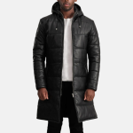 Men's Floyd Black Hooded Leather Puffer Coat