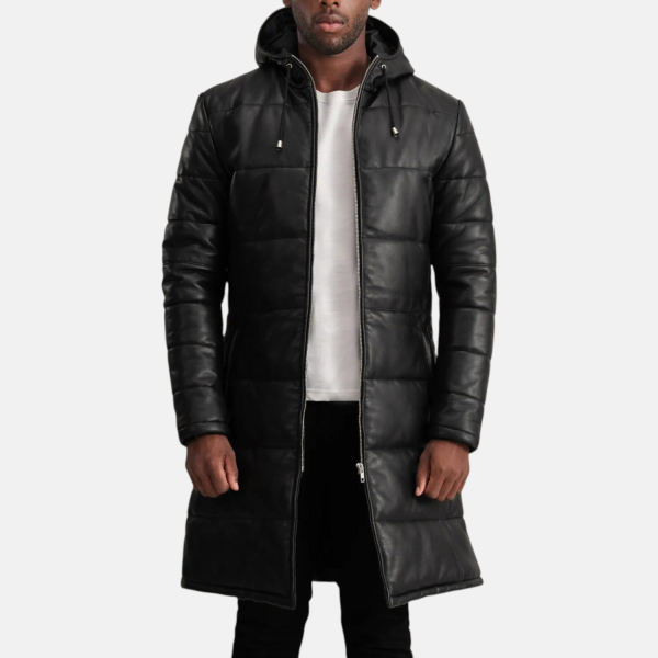 Men's Floyd Black Hooded Leather Puffer Coat