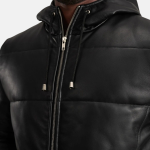 Men's Floyd Black Hooded Leather Puffer Coat