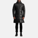 Men's Floyd Black Hooded Leather Puffer Coat