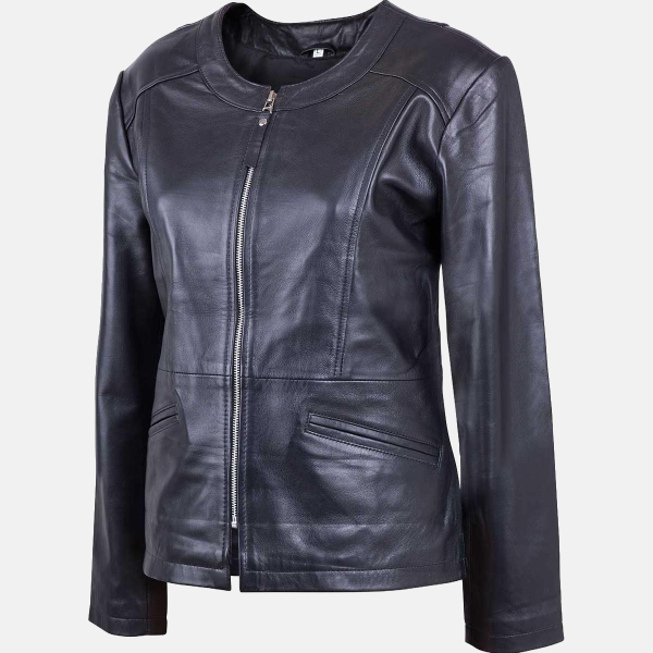 Women's Black Collarless Leather Biker Jacket