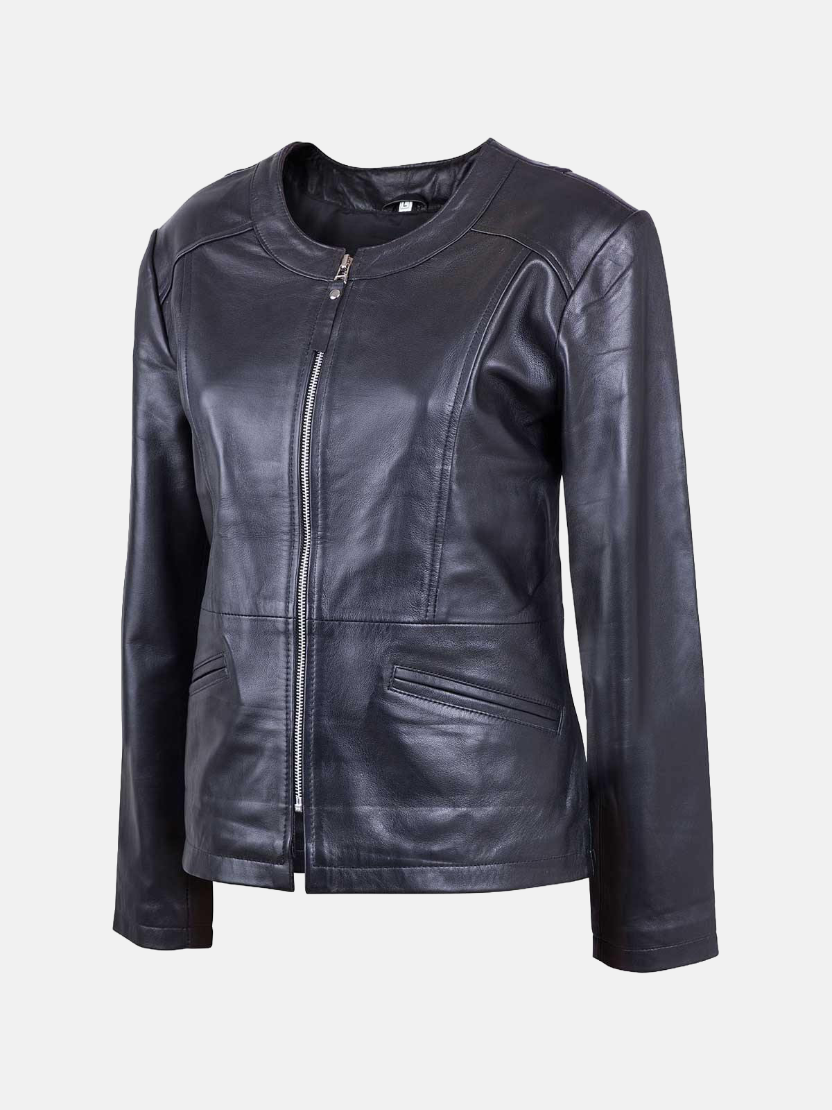 Women's Black Collarless Leather Biker Jacket