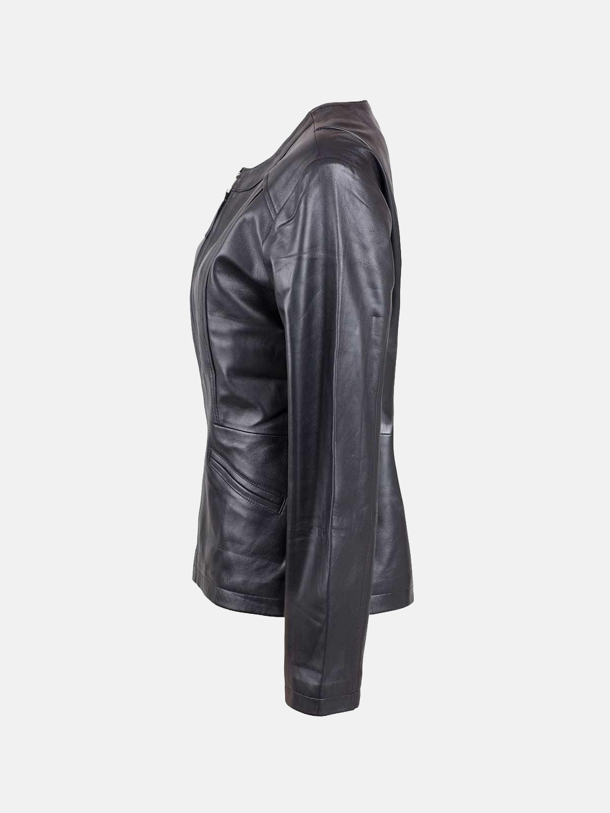 Women's Black Collarless Leather Biker Jacket