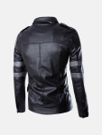 Men's Black Leather Jacket with Gray Stripes