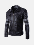Men's Black Leather Jacket with Gray Stripes