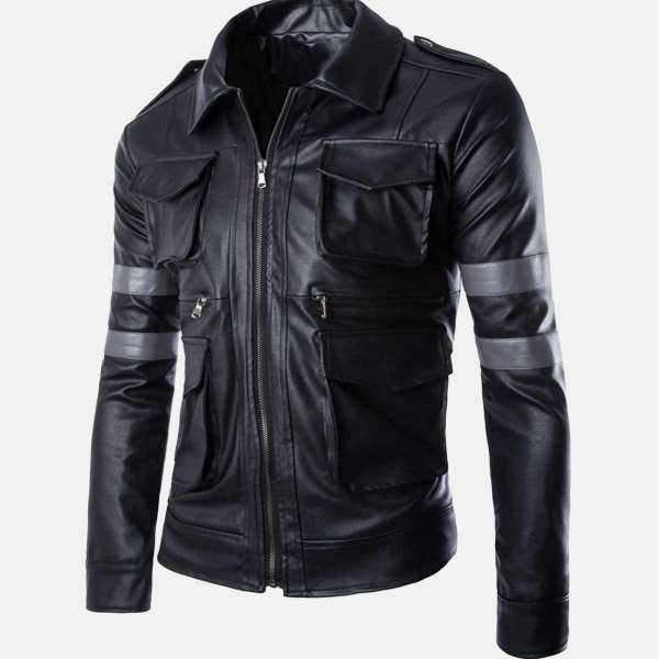 Men's Black Leather Jacket with Gray Stripes