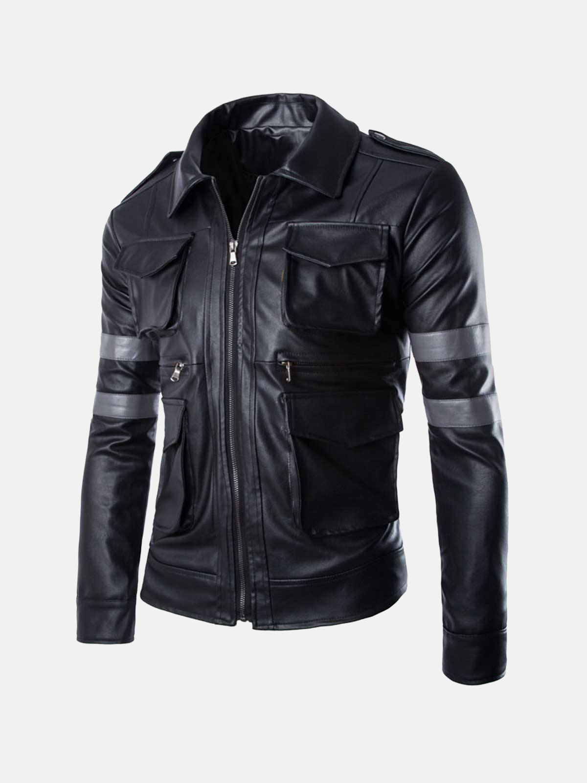 Men's Black Leather Jacket with Gray Stripes