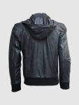 Men's Black Leather Hooded Bomber Jacket