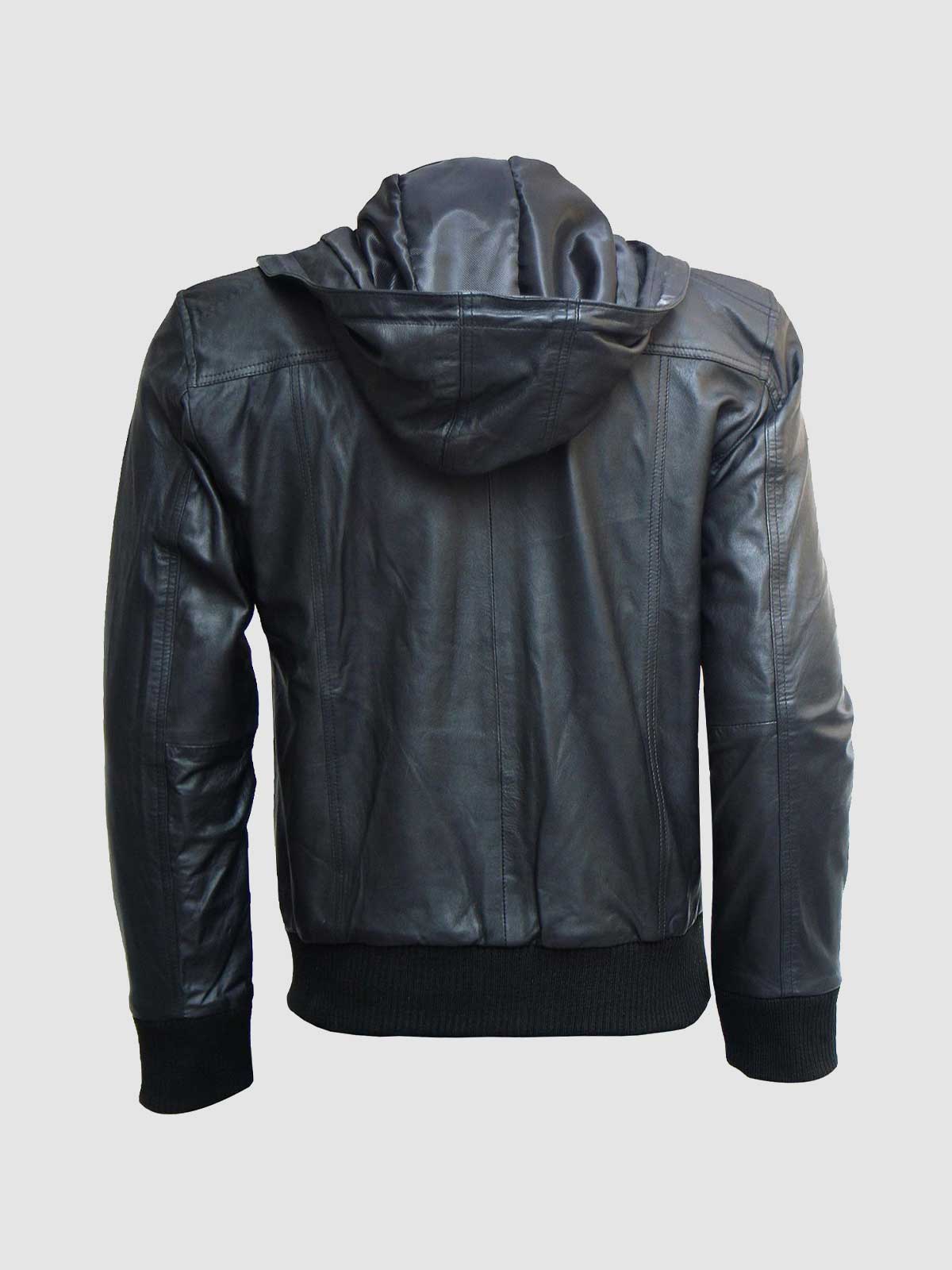 Men's Black Leather Hooded Bomber Jacket