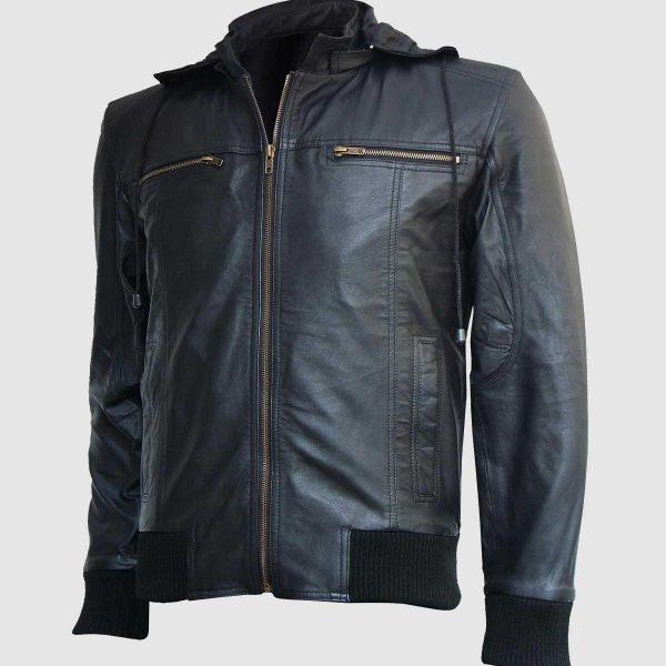 Men's Black Leather Hooded Bomber Jacket