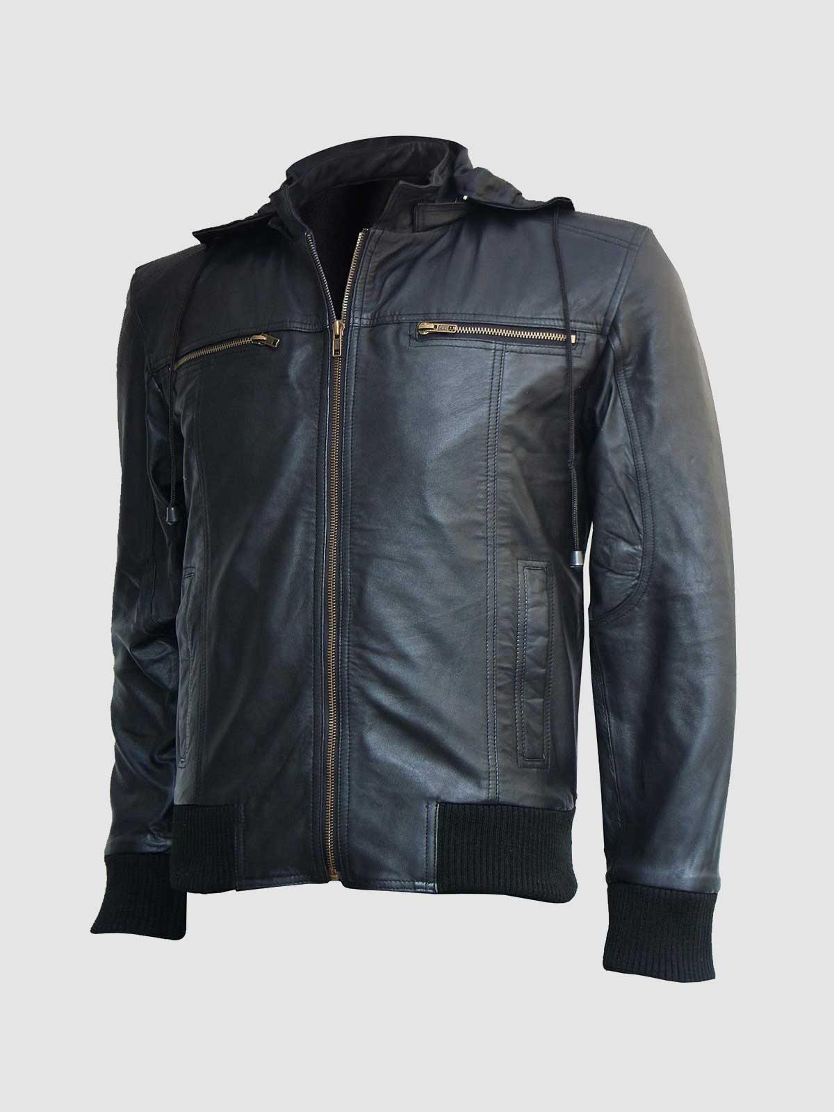 Men's Black Leather Hooded Bomber Jacket