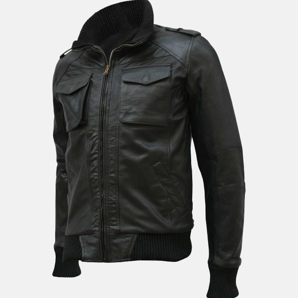Men's Black Leather Bomber Jacket