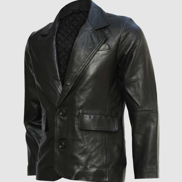 Men's 2 Button Black Leather Blazer