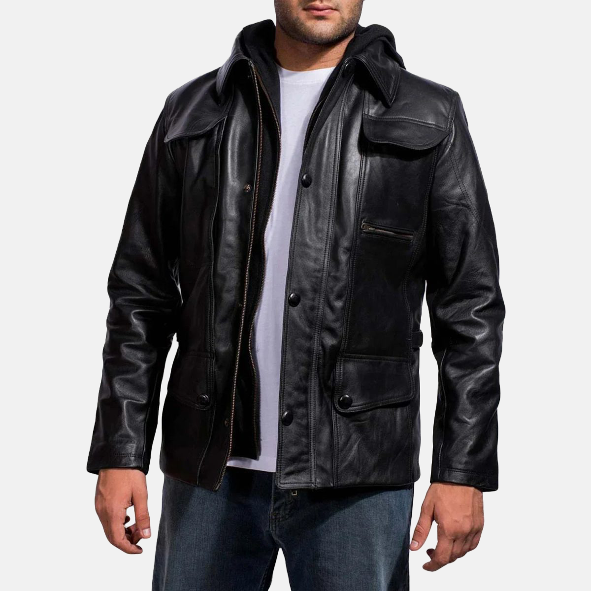 Men's Moulder Hooded Black Leather Jacket