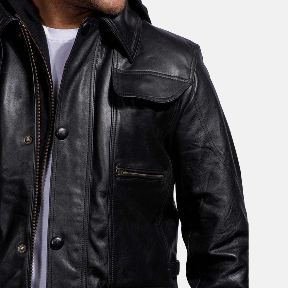 Men's Moulder Hooded Black Leather Jacket