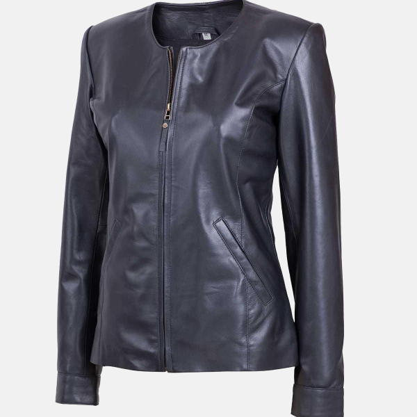 Women's Collarless Leather Biker Jacket