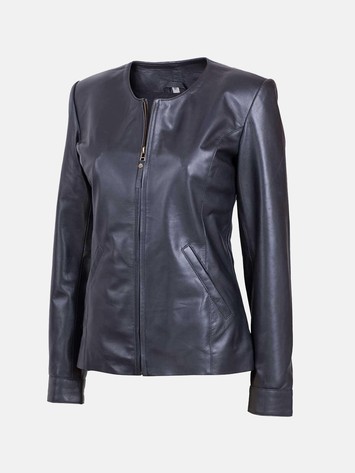 Women's Collarless Leather Biker Jacket