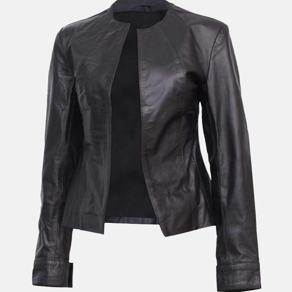 Women's Open Front Collarless Black Leather Jacket
