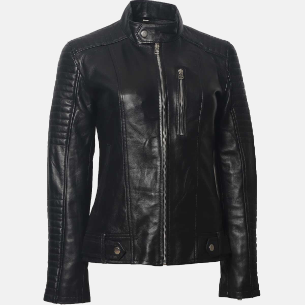 Women's Quilted Cafe Racer Biker Leather Jacket