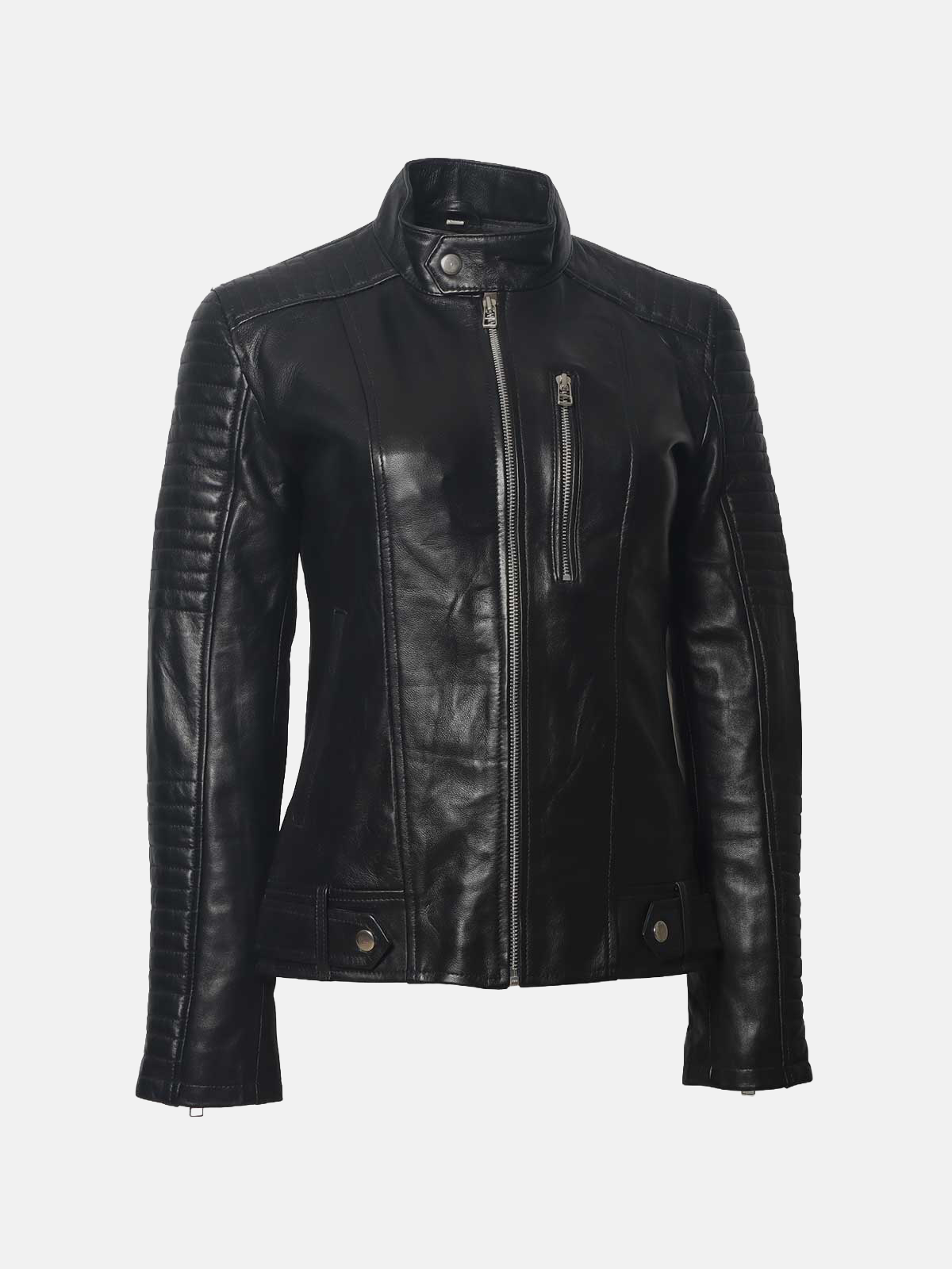 Women's Quilted Cafe Racer Biker Leather Jacket