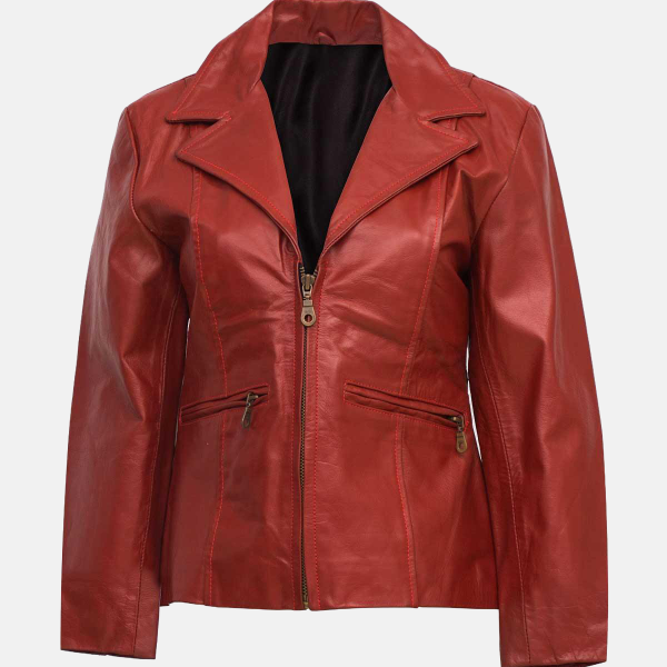 Women’s Red Leather Coat with Zip