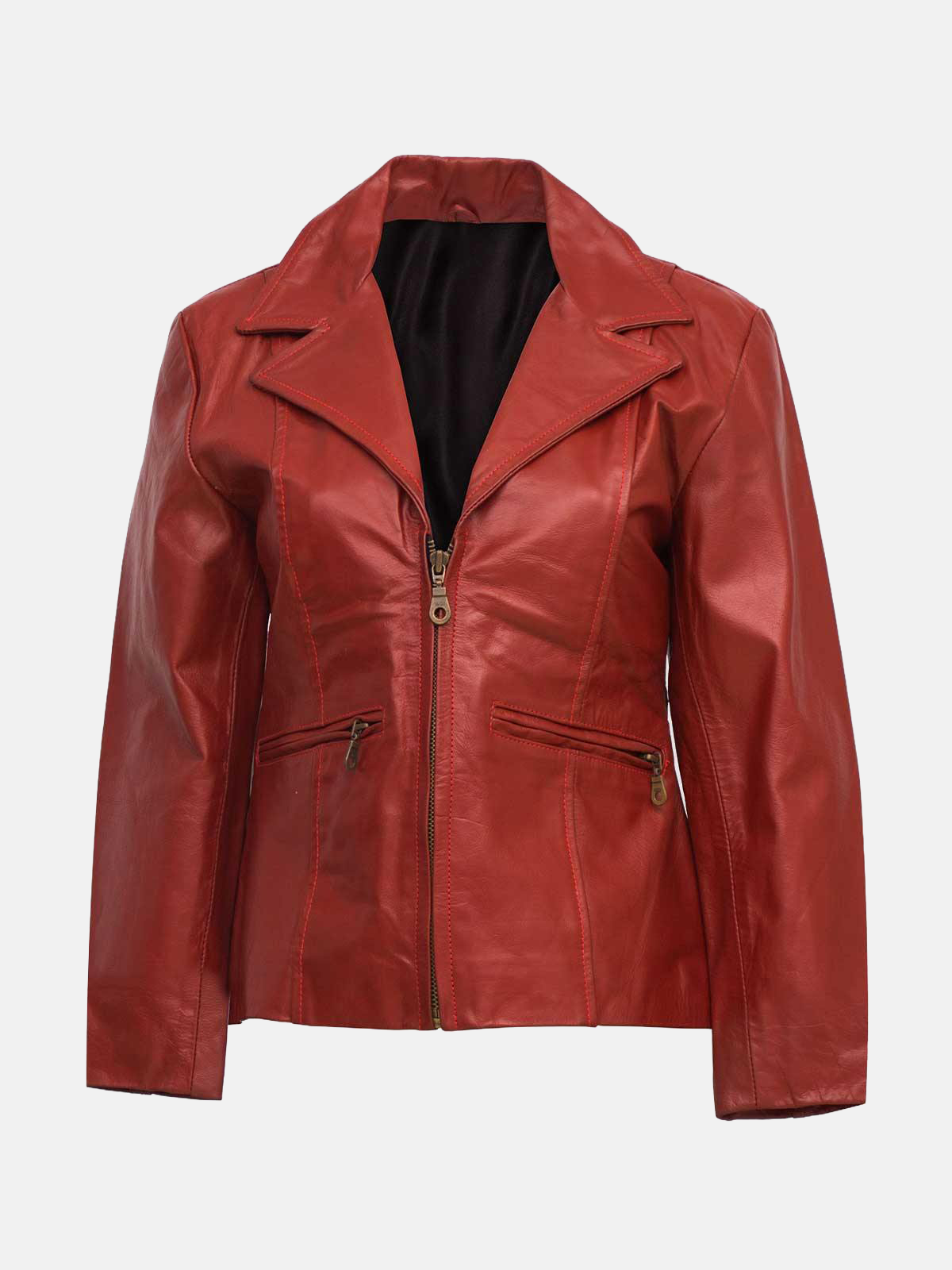 Women’s Red Leather Coat with Zip