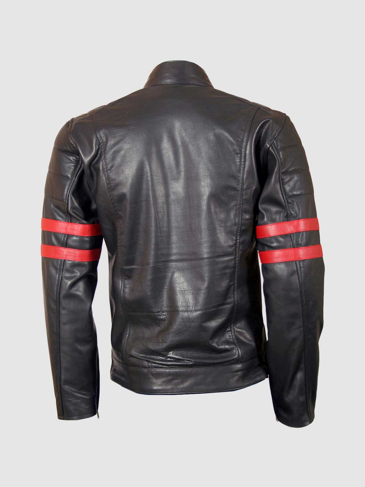 Men's Cafe Racer Leather Biker Jacket with Red Stripes