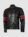Men's Cafe Racer Leather Biker Jacket with Red Stripes