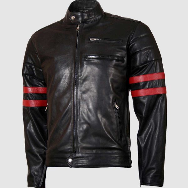 Men's Cafe Racer Leather Biker Jacket with Red Stripes