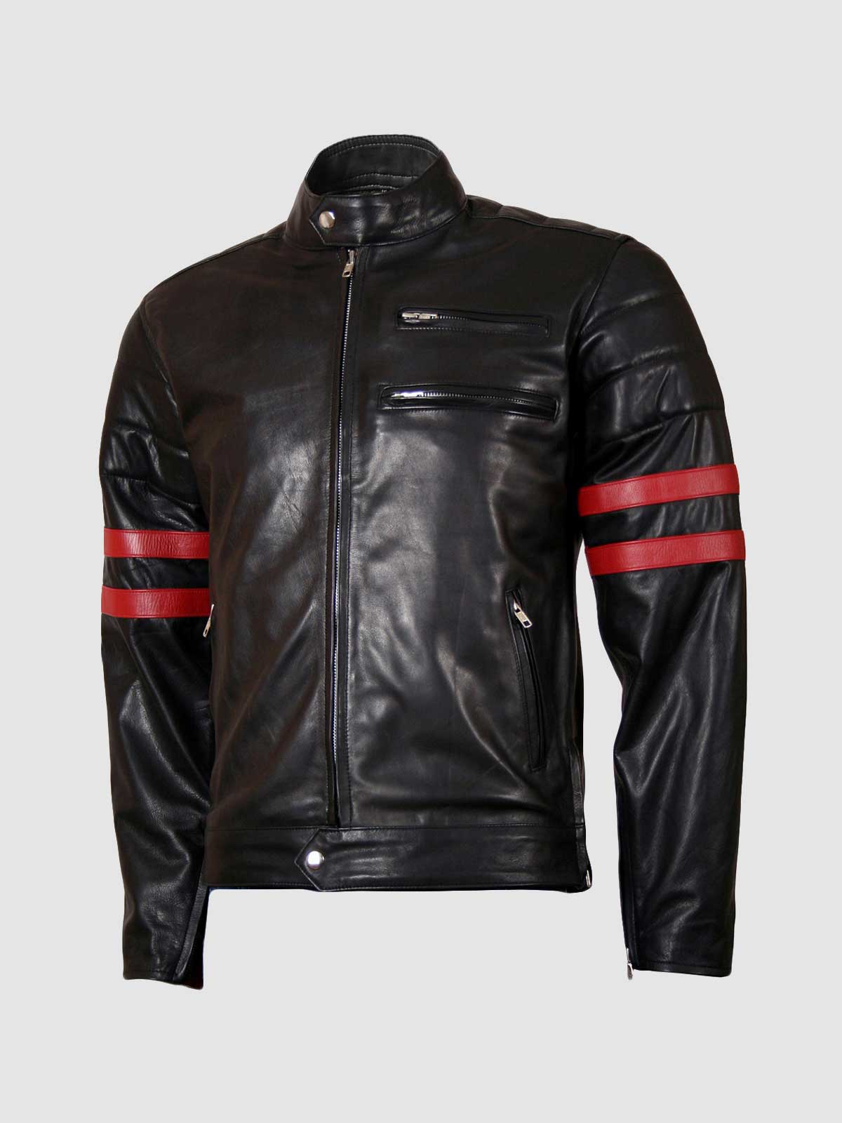 Men's Cafe Racer Leather Biker Jacket with Red Stripes