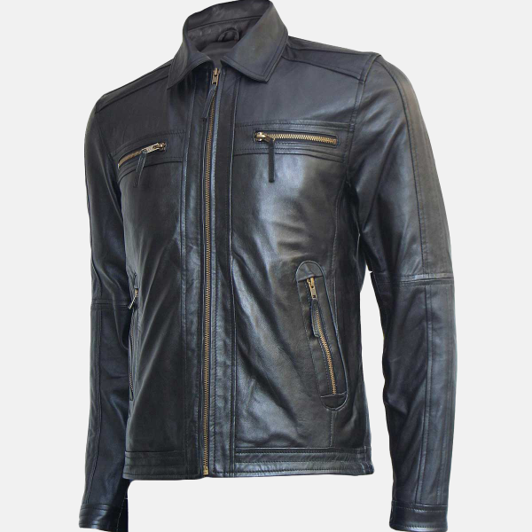 Men's Black Leather Zipper Jacket