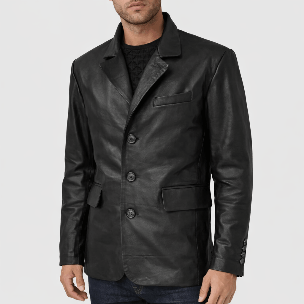 Men's 3 Button Black Leather Coat