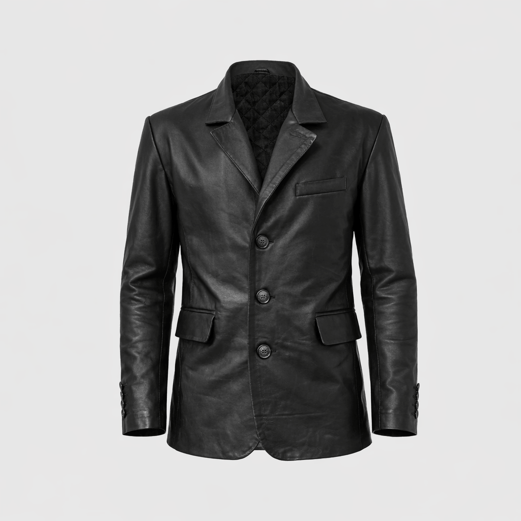 Men's 3 Button Black Leather Coat