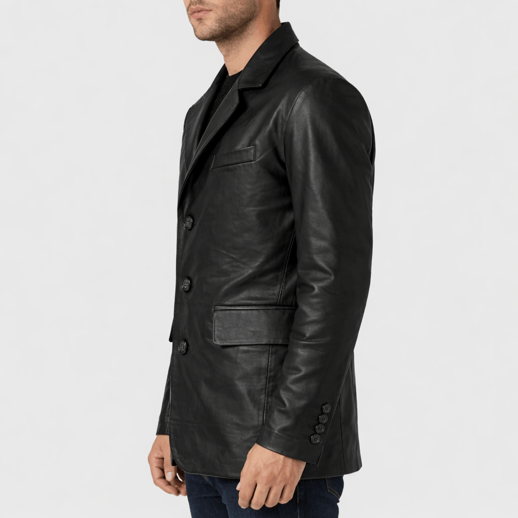 Men's 3 Button Black Leather Coat