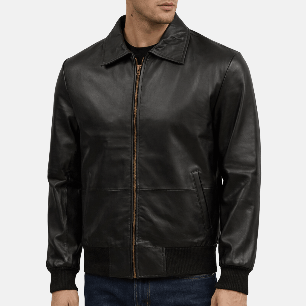 Men's Black Sheepskin Leather Bomber Jacket