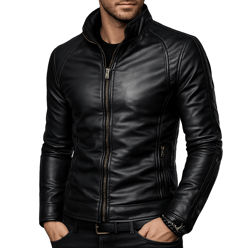 Men's Black Cowhide High Collar Leather Jacket