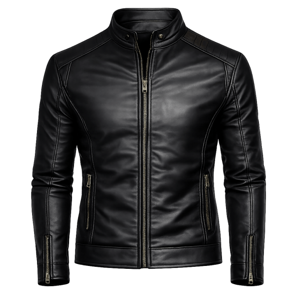 Men’s Black Cowhide High Collar Leather Jacketfrntclose up