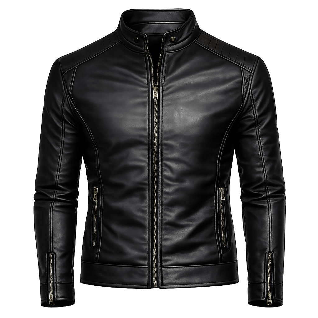 Men's Black Cowhide High Collar Leather Jacket